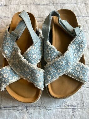 FALLS CREEK GIRLS SETHIA SANDALS BLUE WITH BEIGE DAISIES ESPADRILLE WEDGE SIZE 3